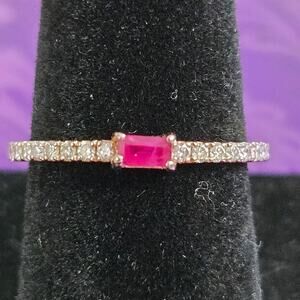 Blue Nile Baguette Ruby & Diamond Pave Stacking Ring 14K Rose Gold Size 5